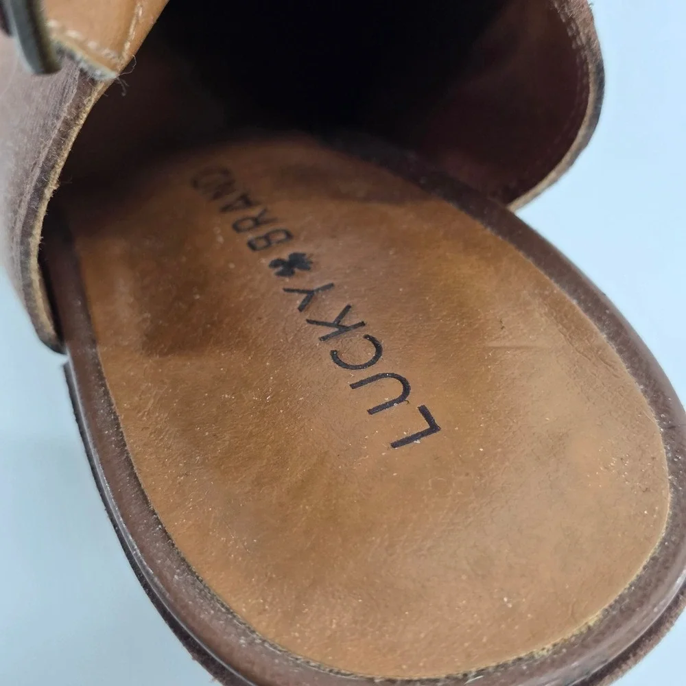 Lucky Brand Aroyli Slingback Brown‎ Leather Shootie Boots Wood Stacked Heels 8.5